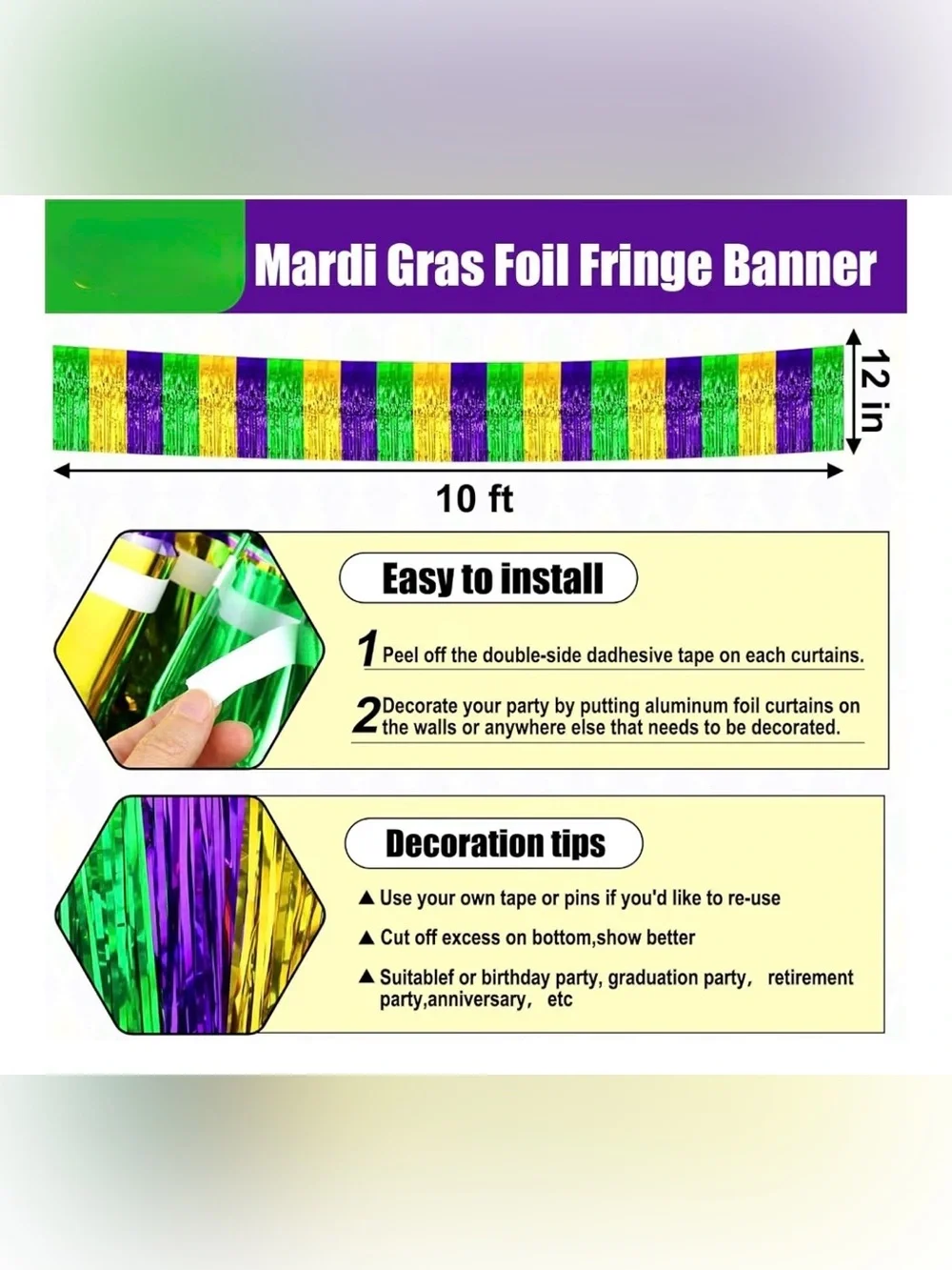 3 Piece Metallic Mardi Gras Garland Foil Party Banners - Green, Purple & Gold
